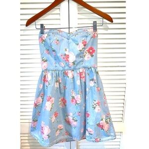 Vintage denim blue Floral Strapless sun Dress medium